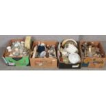 Four boxes miscellaneous to include metalwares, Royal Doulton, Aynsley, glasswares, etc.