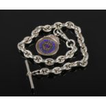 A heavy anchor link silver single Albert pocket watch chain on enamelled silver medal fob for St