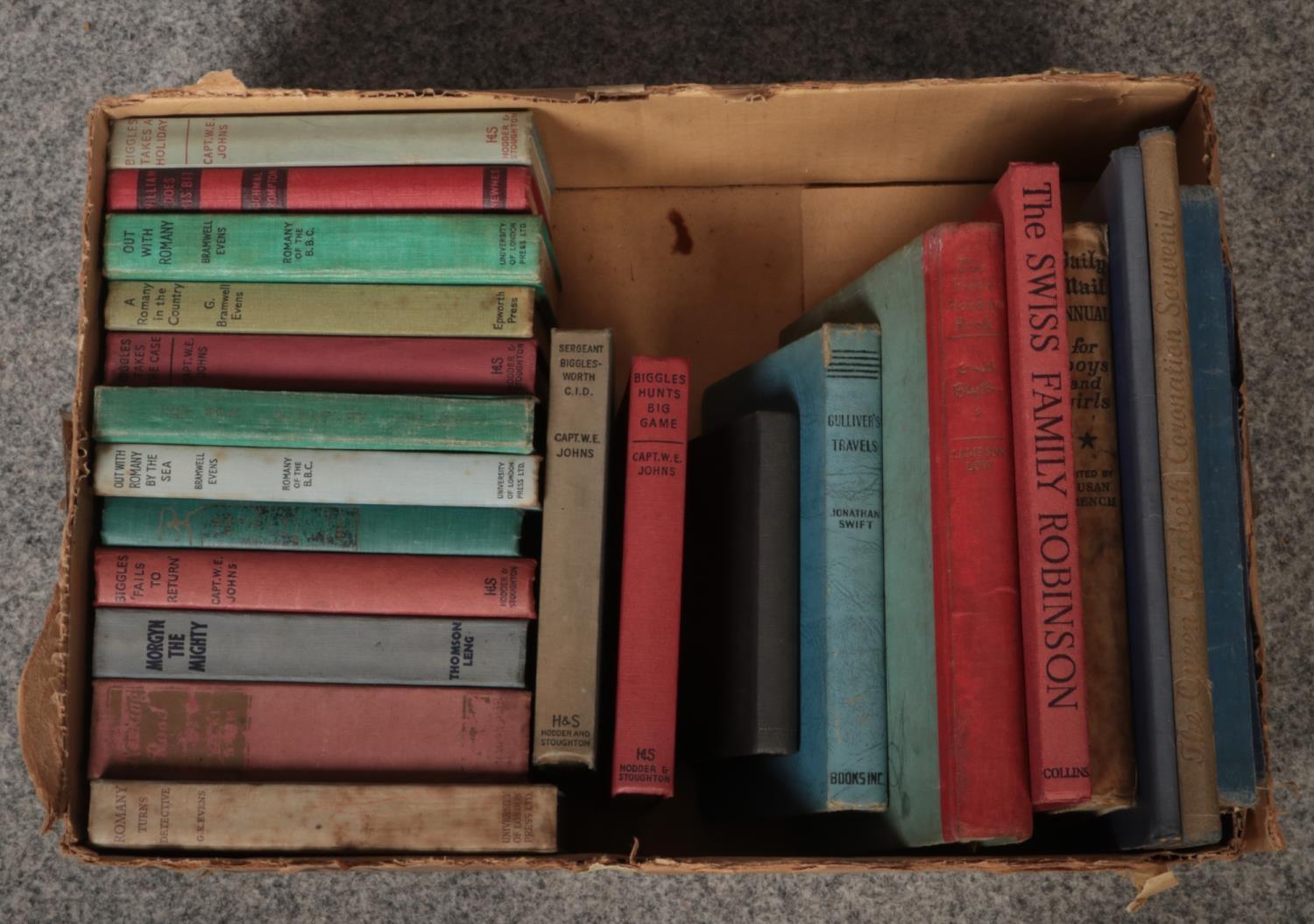 A box of vintage books, to include Biggles, William, Romany etc.