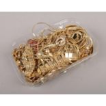 A box of gold plated jewellery, to include chains, bracelets, earrings etc.