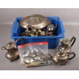 A box of mixed metalwares, to include silverplate, pewter, cutlery etc.