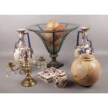 A mixed group to include large decorative glass and metal vase, Masons Mandalay, pair of pottery