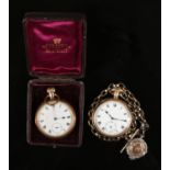 Two pocket watches. An open faced Swiss pocket watch in gold plated Dennison case. With enamel dial,