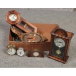 A box of clocks, RJM 15 day cased mantel clock, Jack Daniels alarm clock, Regulator A wall clock