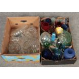 Two boxes of coloured & cut glass, vases, bowls, etc