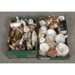 Two boxes of miscellaneous, to include bone china teawares, brass horses, Evesham etc.