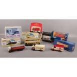 Seven Corgi die cast model vehicles, Lionelville Limited Edition H.P. Hood & Sons, Guinness