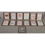 A collection of 13 framed reproduction Beatles concert advertising hand bill/ flyers.