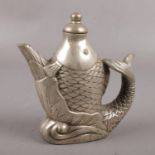 A Chinese white metal teapot, formed as a carp, pseudo reign marks to base.