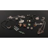 A quantity of silver jewellery. Including a gold embellished fob, pair of Russian agate cufflinks, a