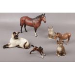 Five Beswick ceramic figures, Horse, Donkey, Cats, Foal, to include a Royal Doulton ceramic cat