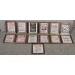 A collection of 13 framed reproduction Beatles concert advertising hand bill/ flyers.