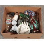 A box of miscellaneous including majolica jug, pottery palm reading hand, commemorative glass