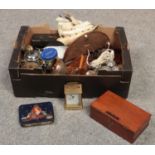 A box of miscellaneous, Queen Elizabeth II tin, Avia Quartz carriage clock, Mahogany box, Pair