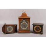 A Rotherhams miniature mahogany cased bracket clock, a Smiths miniature oak cased clock and a burr