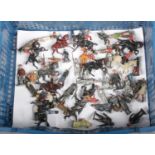 A box of vintage lead figures, to include Britains and some with moving parts.