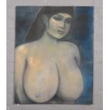 An unframed oil on canvas, portrait of a nude female, signed to top left corner Hanrahan. (76cm x