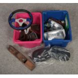 Two boxes of assorted car parts, block planes, flat irons etc.