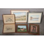 A collection of framed painting and sketches to include J.W. Chinnery oil on board of horses, pencil