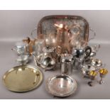 A box of metalwares to include Picquot ware, copper jug, twin handled serving tray, silver plate