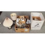 Two boxes of light fittings, ceiling and wall fittings to include two table lamps