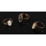 Three 9ct gold rings to include two cameo set examples etc.