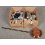 Two boxes of miscellaneous, Denby, Johnson Bros, examples to include a vintage copper bed warmer