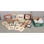 A box of framed prints and watercolours