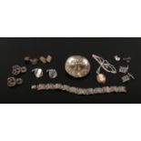 A collection of silver jewellery etc. Including a sombrero form brooch marked Lima Peru, panel