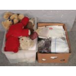 Two boxes of lace and linen along with a quantity of teddy bears.
