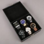 A watch display case, and contents of six gent's wristwatches.