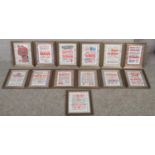 A collection of 13 framed reproduction Beatles concert advertising hand bill/ flyers.