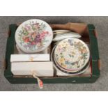 A box of cabinet plates, Wedgwood, Coalport, Royal Albert examples