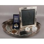 A silver plated oval gallery tray and collectables. Including two advertising pot lids for