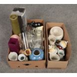 Two boxes of miscellaneous, to include glass jugs, vases, Royal York etc.