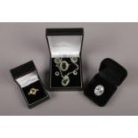 A collection of paste set silver jewellery, to include suite consisting of ring, two pairs of