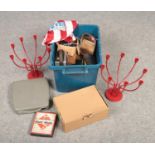 A box of miscellaneous, to include pair of candle holders, typewriter, vintage Monopoly etc.
