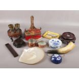 A box of assorted. Including Chinese hardwood vase stands, antique Chinese blue and white covers,