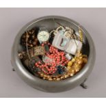 A pewter bowl and assorted costume jewellery and collectables including a turquoise enamel silver