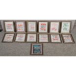 A collection of 13 framed reproduction Beatles concert advertising hand bill/ flyers.