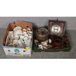 Two boxes of miscellaneous to include wooden candlesticks, metalwares, ceramics, wooden frames clock