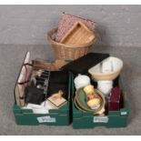 Two boxes of miscellaneous, to include binoculars, Beswick dog, LYDC handbag, wicker baskets etc.
