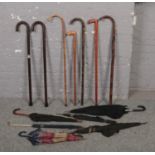 A collection of walking sticks and umbrellas, to include 18ct gold plated collar umbrella.