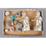 A box to include silverplate clown money boxes, pill boxes, matchbox holder etc.