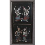 A framed c20th Indian painting on fabric depicting dancers and musicians.