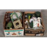 Two boxes of miscellaneous to include terracotta lawn edgings, Acctim wall clock, art glass vase,