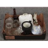 A box of miscellaneous to include leather mounted glass bottle, modern fondue set, glass utility