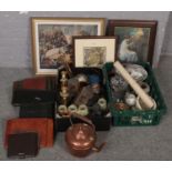 Two boxes of miscellaneous to include onyx & brass table lamp, copper kettle, fireside companion