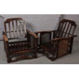 A pair of oak bergere reclining armchairs with carved and turned support.
