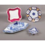 A group of ceramics, Blue & White pickle dish, Rockingham square dish, Brameld Blue & White dish